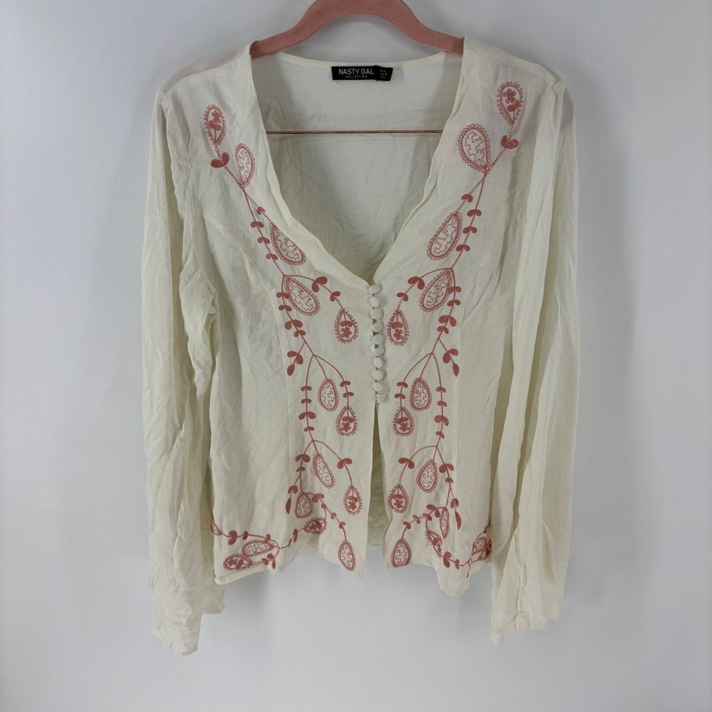 Nasty Gal Cream Blouse with Pink Embroidery